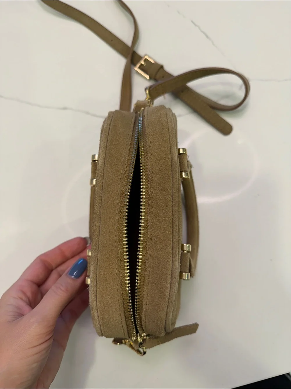 Suede Crossbody Mini Satchel in Light Brown